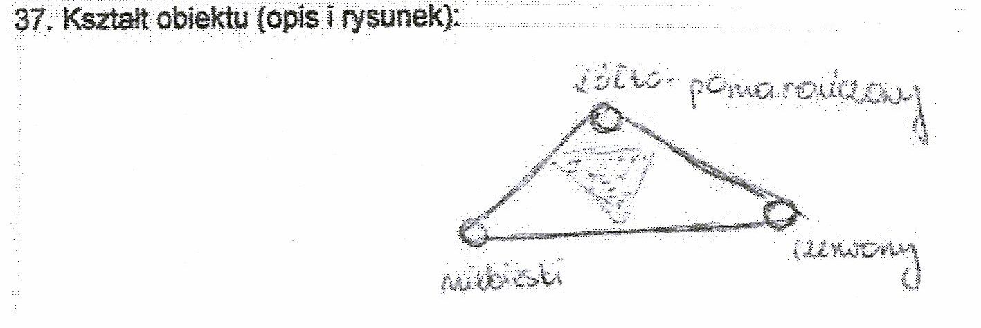 Rysunek świadka I (Kasia B.) z karty zgłoszenia: trójkąt z wewnętrznym trójkątem światełek; wierzchołki żółtopomarańczowy, niebieski i czerwony.