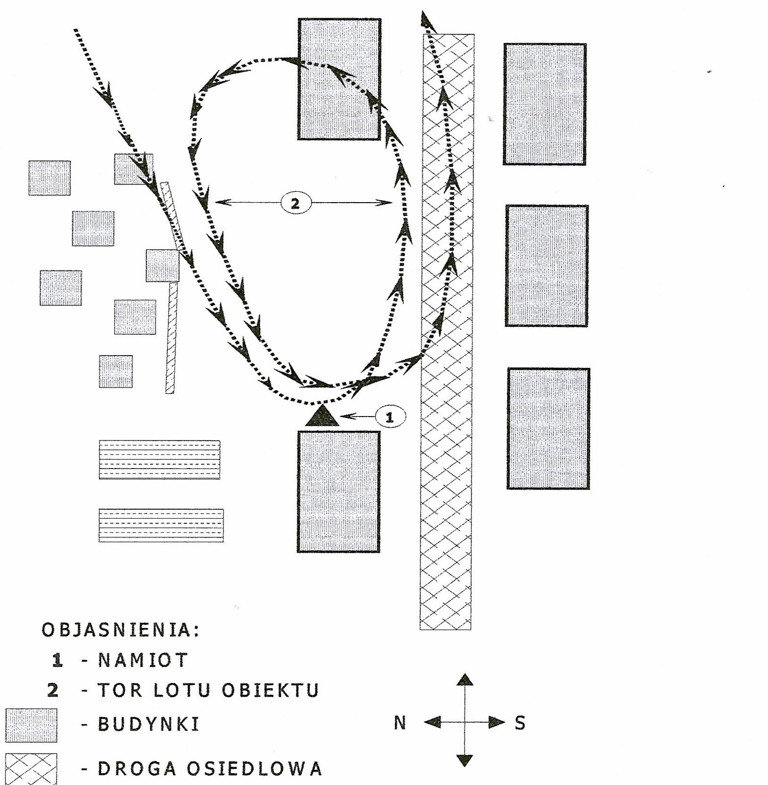 Szkic terenu z raportu: 1 – namiot, 2 – tor lotu obiektu; prostokąty – budynki, pas kratkowany – droga osiedlowa.