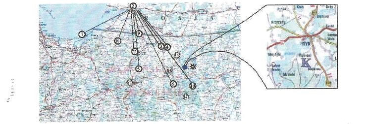 Rys. 8. Ryn (szer. 53.35.23, dł. 20.00.06 – tak w oryginale) na tle mapy miejsc obserwacji.