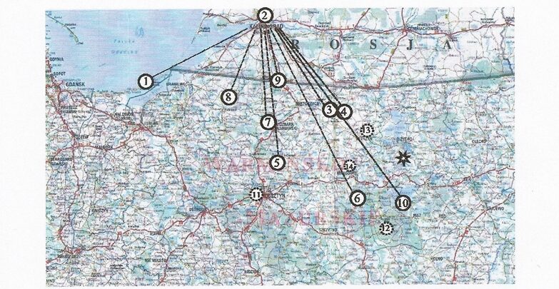 Rys. 2. Położenie miejsc obserwacji zjawiska. Linie łączą punkty obserwacji z rejonem Kaliningradu; gwiazdka – miejsce wykonania zdjęcia.