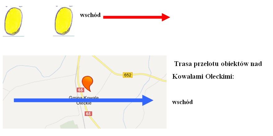 Trasa przelotu dwóch kul nad Kowalami Oleckimi 19.08.2010 – z zachodu na wschód.