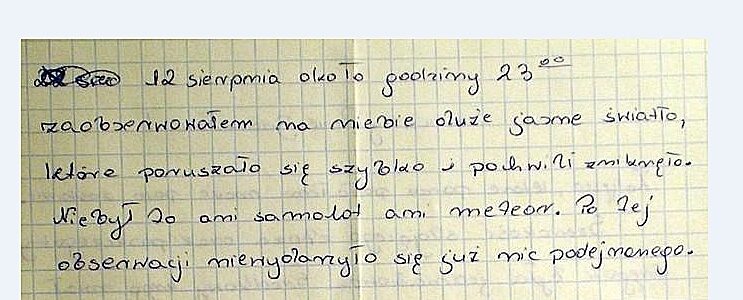Odręczna notatka świadka o świetle widzianym 12 sierpnia (fragment, bez podpisu).