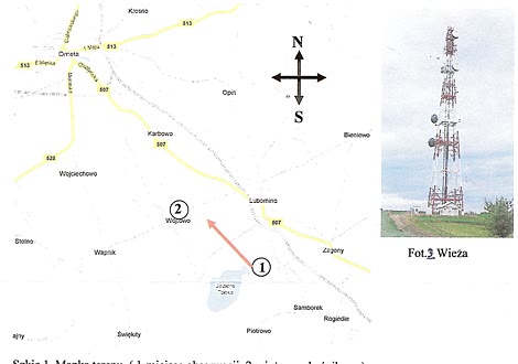 Szkic 1. Mapka terenu (1 – miejsce obserwacji, 2 – wieża przekaźnikowa) i fot. 2 – wieża.
