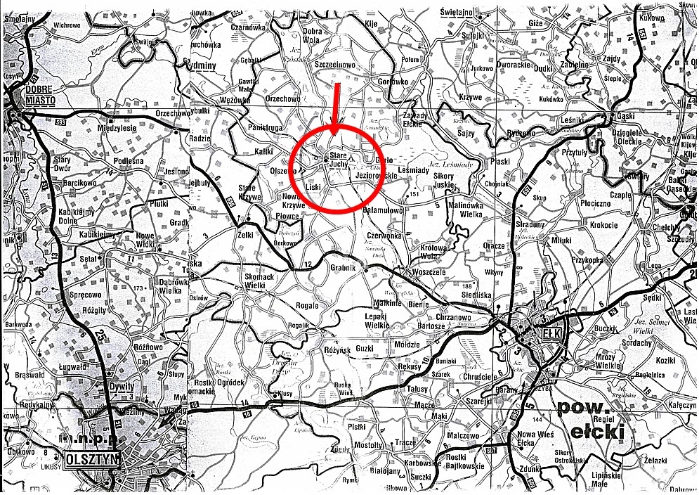 Położenie Starych Juch na wschód od Giżycka – mapka z teczki WMGU.