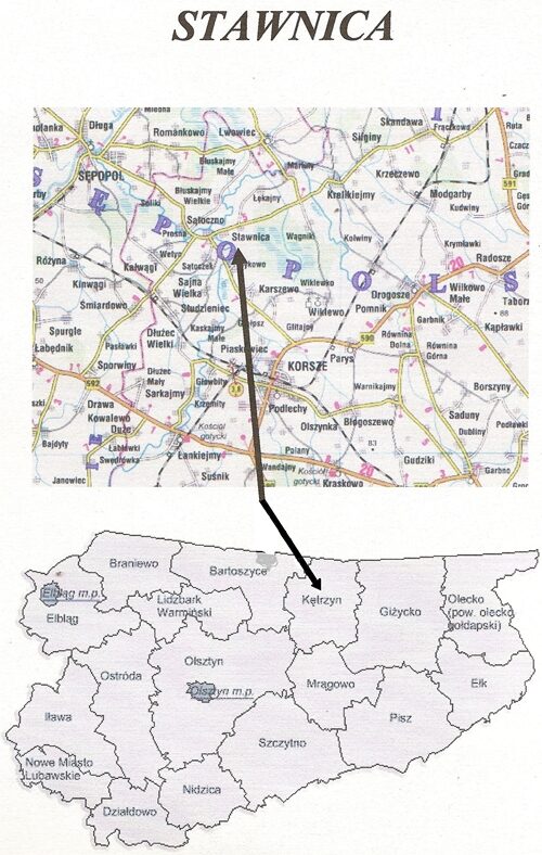 Położenie Stawnicy: fragment mapy okolic Sępopola i Korsz oraz mapa województwa. Ilustracja z raportu.